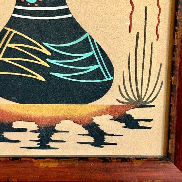 Vintage Navajo Framed Sand Art Painting of Beautiful Pottery - Picture 12 of 16
